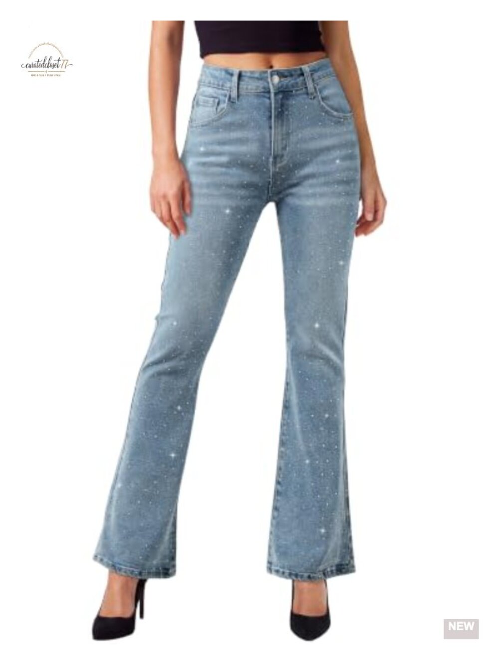 High Rise Flare Jeans Stretchy Rhinestone Denim with Patch Pockets